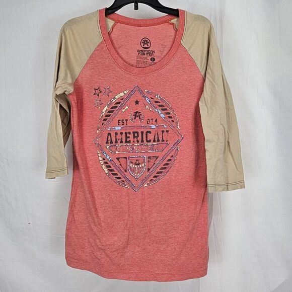 American Fighter Tops - American Fighter MMA Women's Size Small Pink Tan Raglan Shirt Buckle Graphic Tee